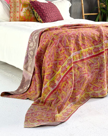 Large Fine Stitched Vintage Kantha Quilt in Pink, Orange and Lilac - Biggs & Hill