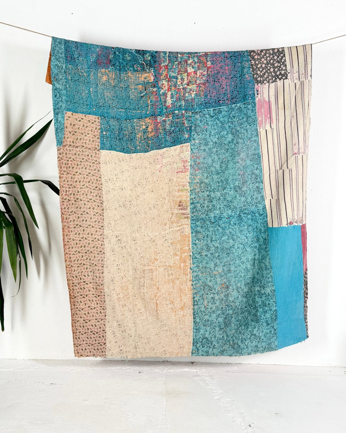 Textured Vintage Kantha Quilt in Patchwork Pink, Orange and Blue - Biggs & Hill