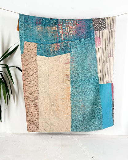 Textured Vintage Kantha Quilt in Patchwork Pink, Orange and Blue - Biggs & Hill