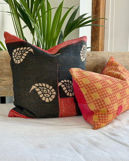 Vintage Kantha Cushion In Black and Red- 45cm Square