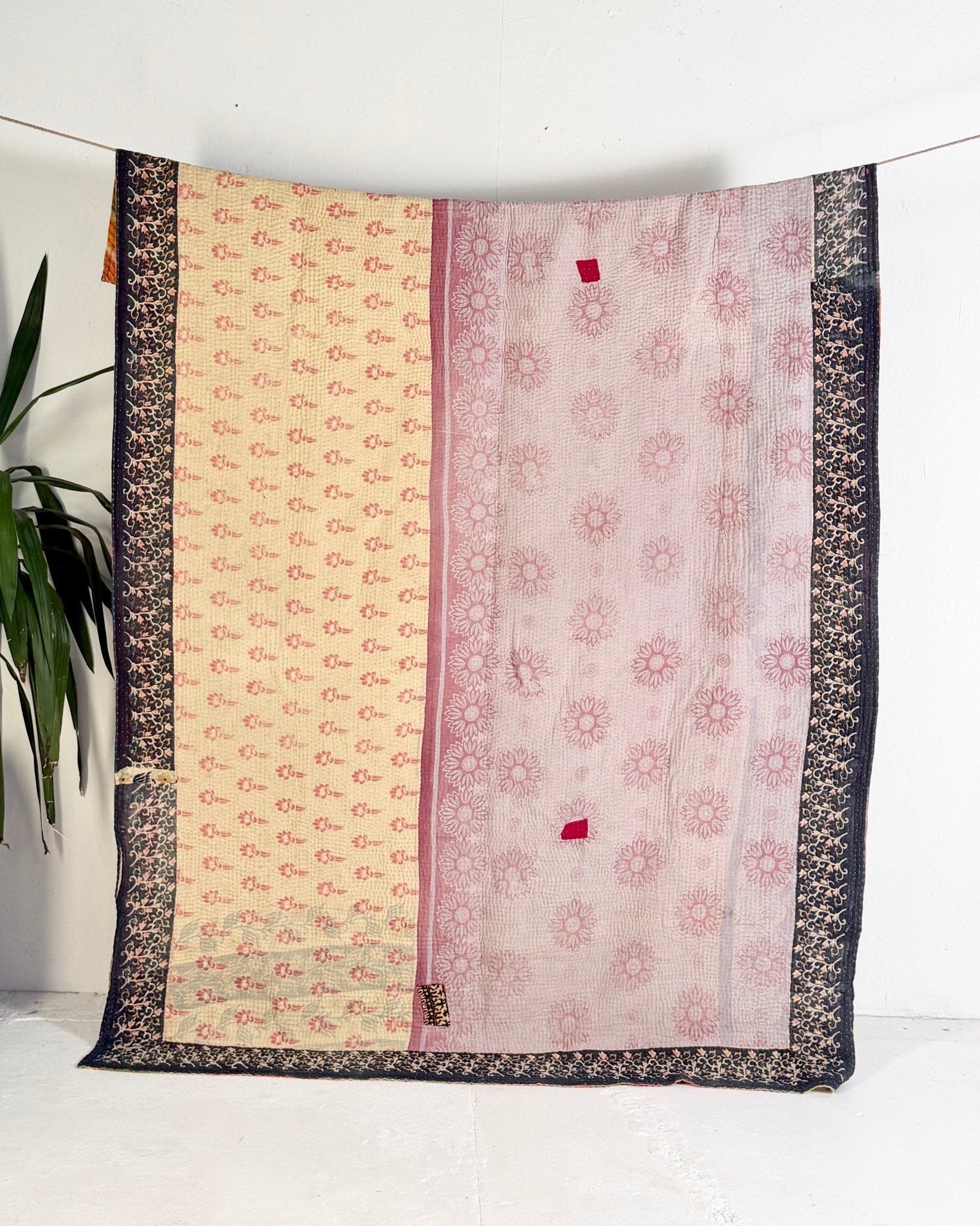 Large Fine Stitched Vintage Kantha Quilt in Orange, Green, Lilac and Yellow - Biggs & Hill