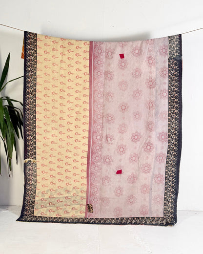 Large Fine Stitched Vintage Kantha Quilt in Orange, Green, Lilac and Yellow - Biggs & Hill