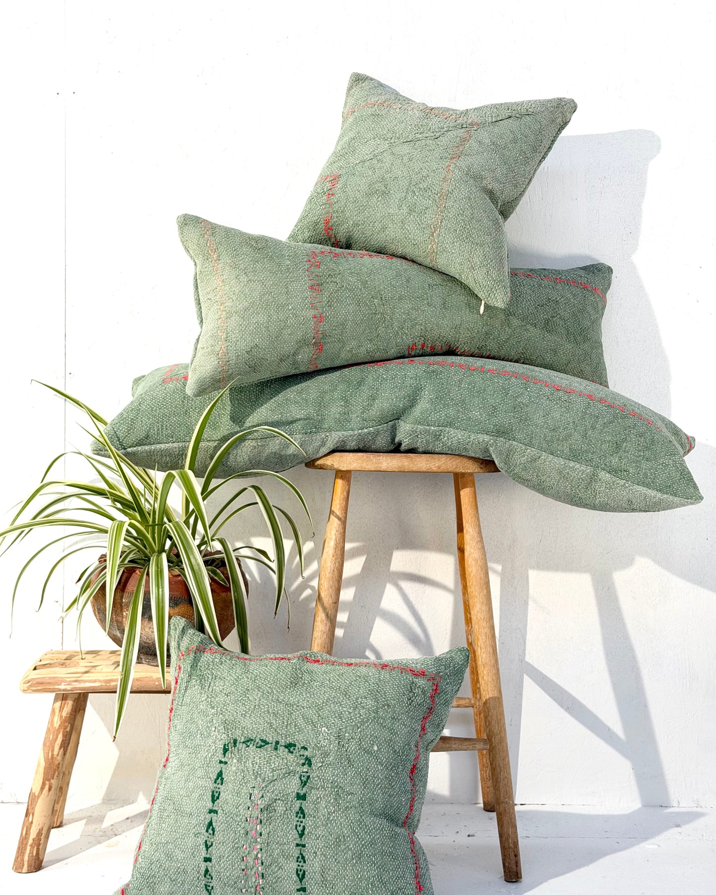 Vintage Kantha Bolster Cushion Cover In Green with Orange Embroidery - 100cm