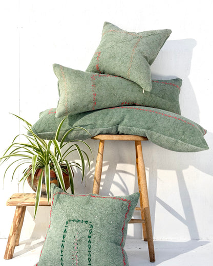 Vintage Kantha Bolster Cushion Cover In Green with Orange Embroidery - 100cm