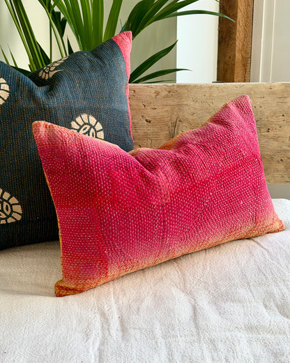Vintage Kantha Cushion In Pink and Yellow - Small Rectangular