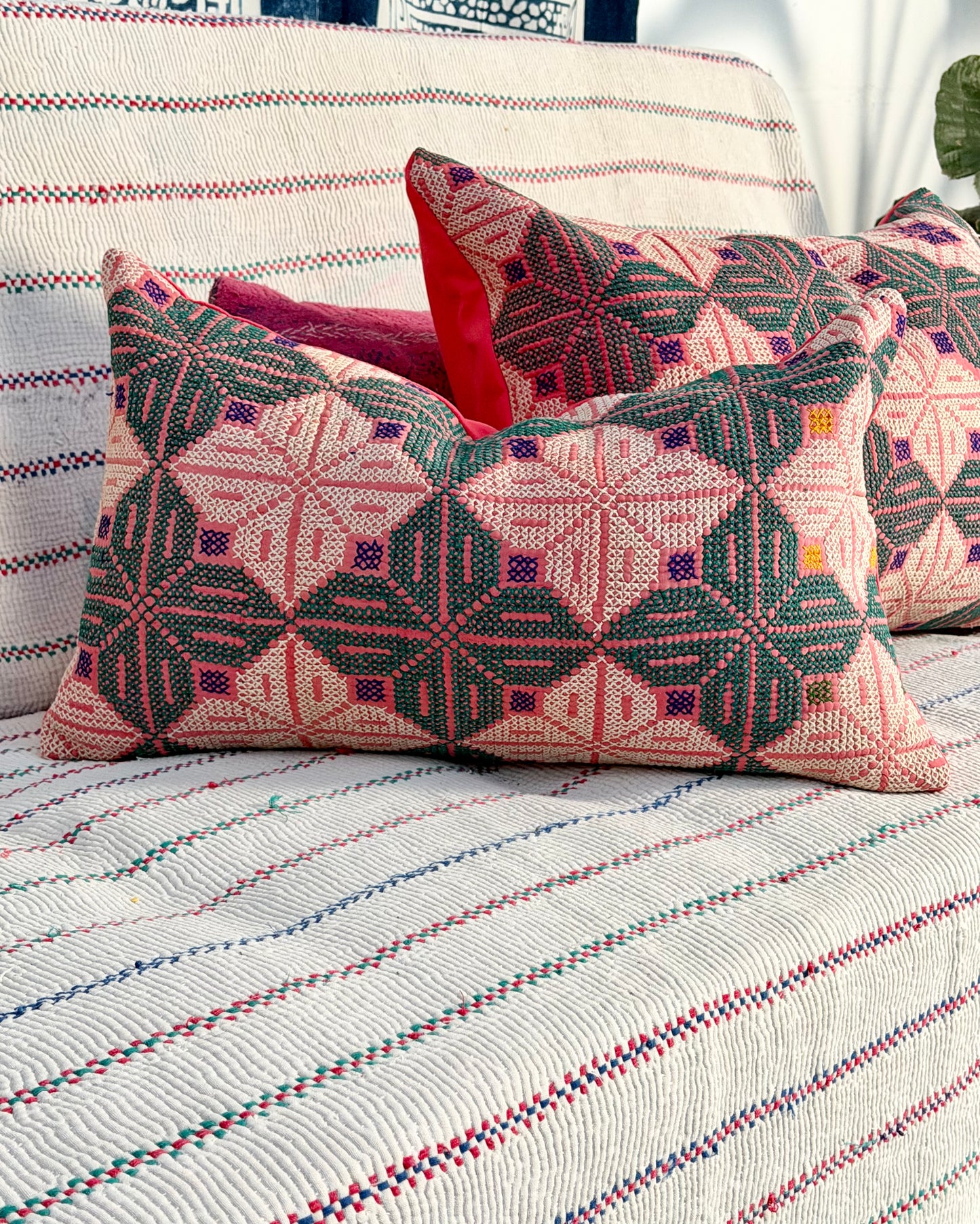 Vintage Galichi Kantha Cushion Cover In Pink - Small Rectangular