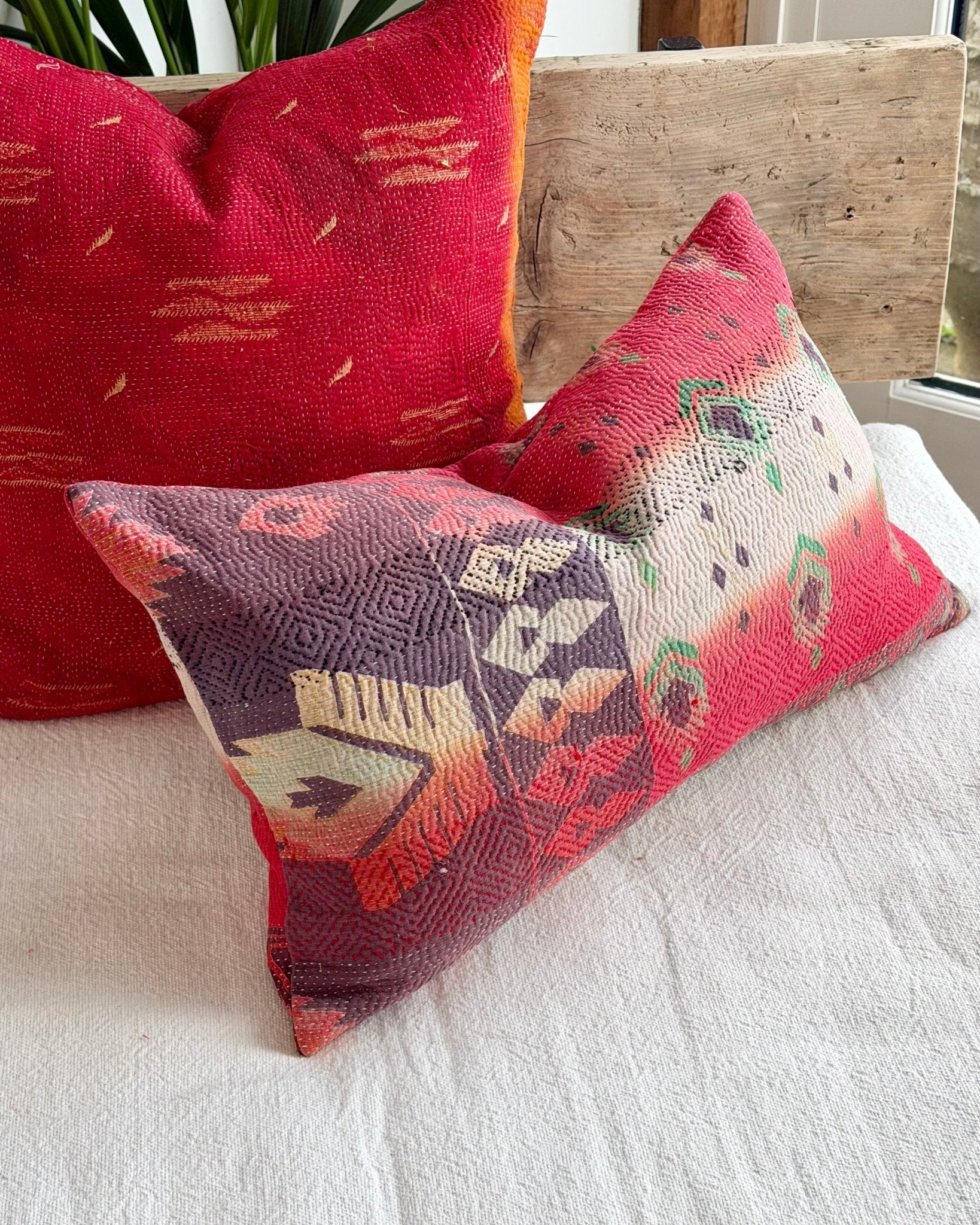 Vintage Kantha Cushion In Geometric Pink and Purple - Small Rectangular - Biggs & Hill