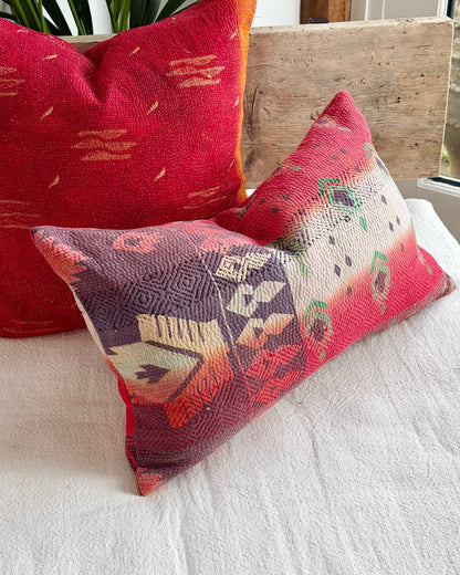 Vintage Kantha Cushion In Geometric Pink and Purple - Small Rectangular - Biggs & Hill