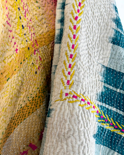 Heavy Fine Stitched Embroidered Vintage Kantha Quilt in Yellow, Pink and Blue - Biggs & Hill