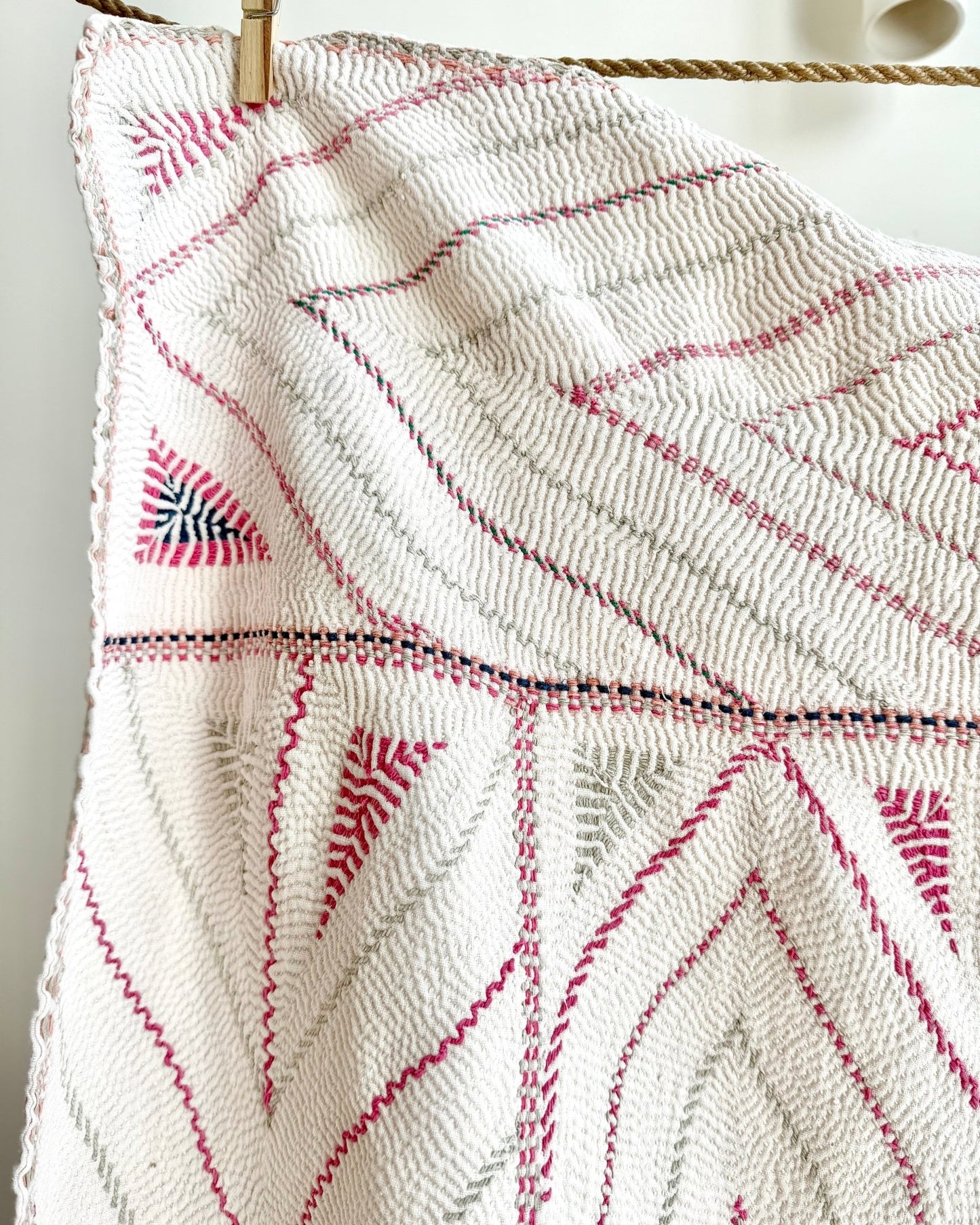 Large Antique Hand Embroidered White Nakshi Kantha From Bengal - Biggs & Hill