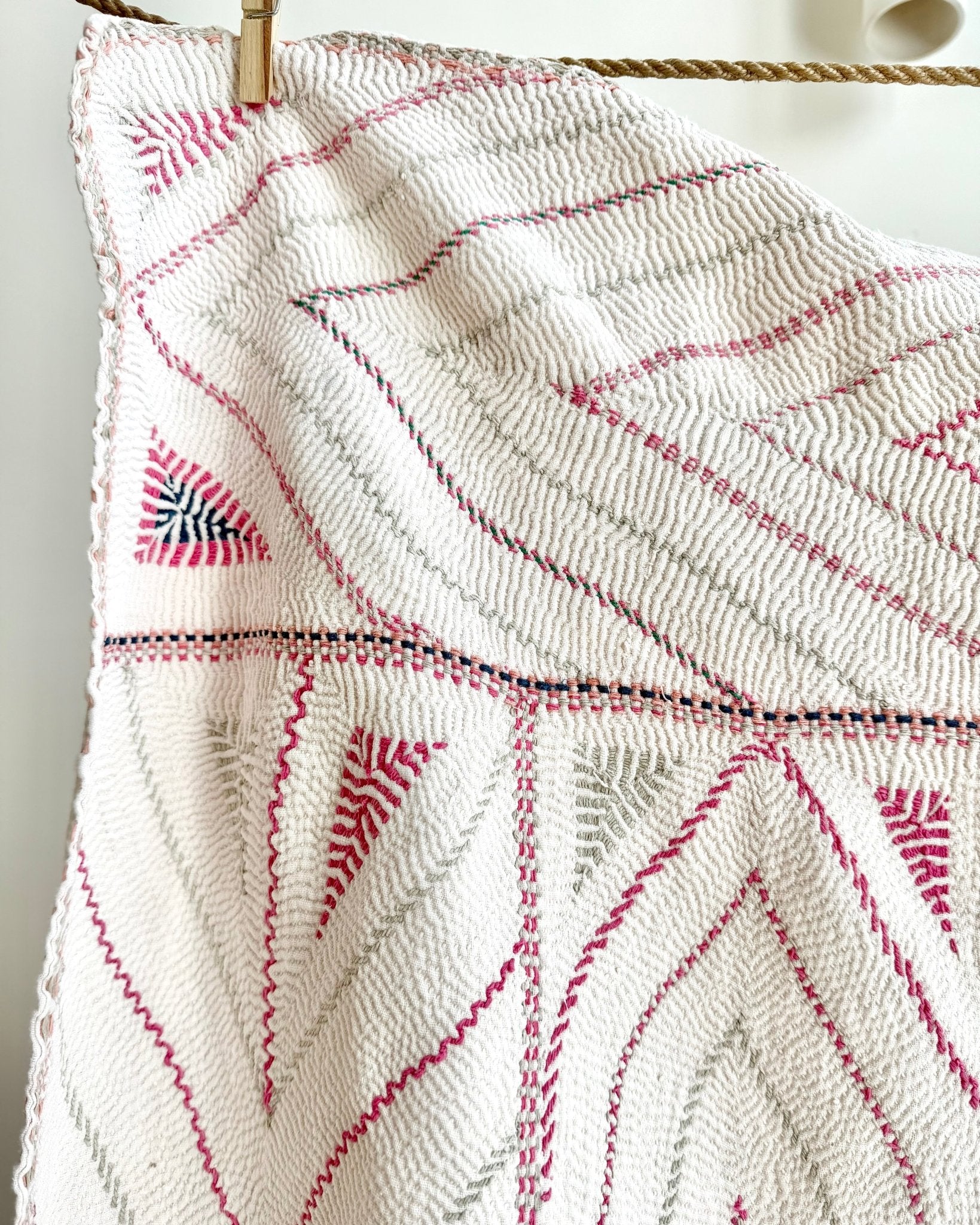 Large Antique Hand Embroidered White Nakshi Kantha From Bengal - Biggs & Hill