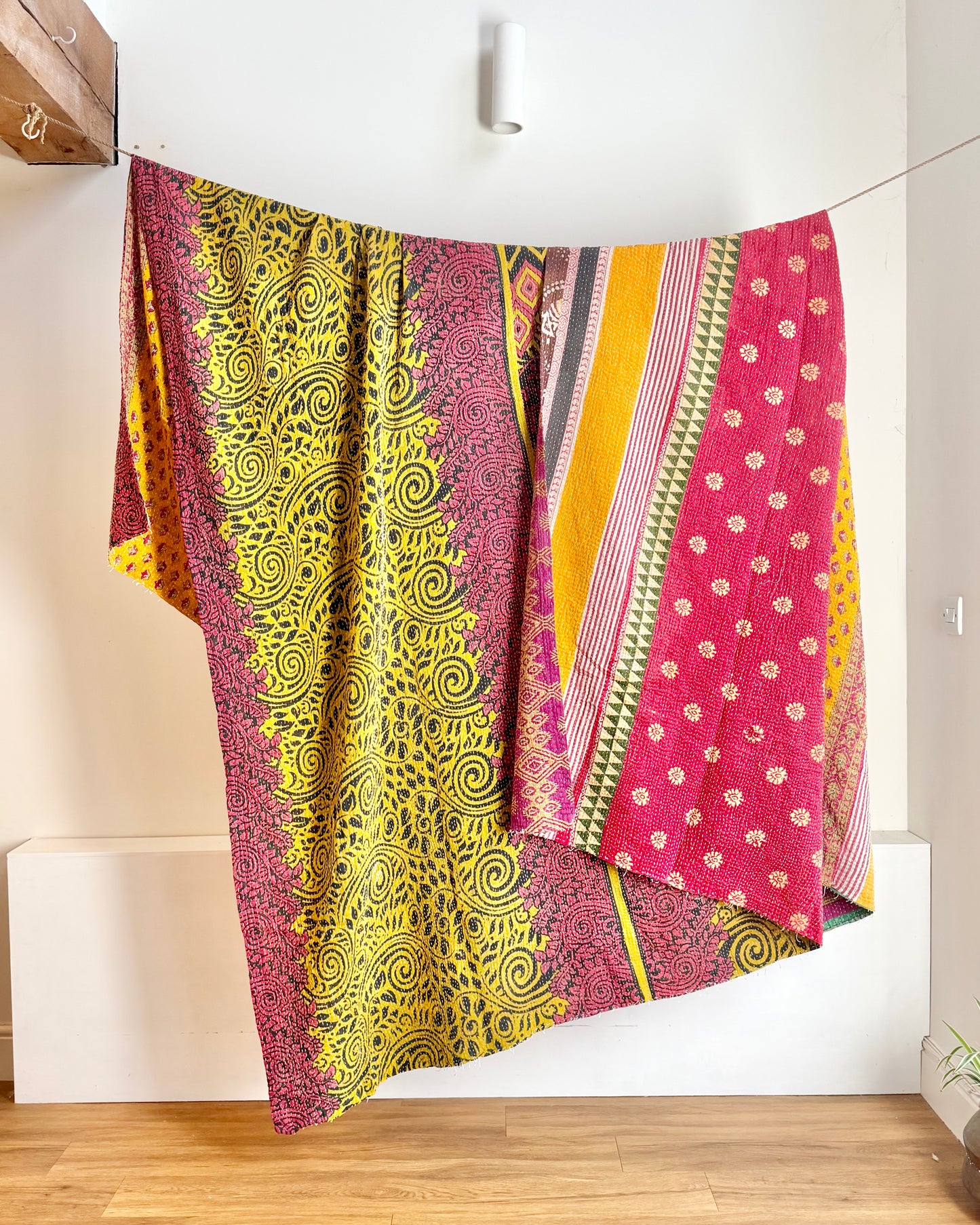 Super King Vintage Kantha Quilt in Green, Purple, Yellow and Red