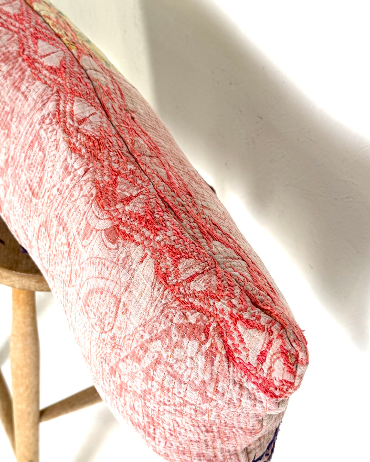 Vintage Kantha Bolster Cushion Cover In Green and Pink With Embroidery 30 x 100cm