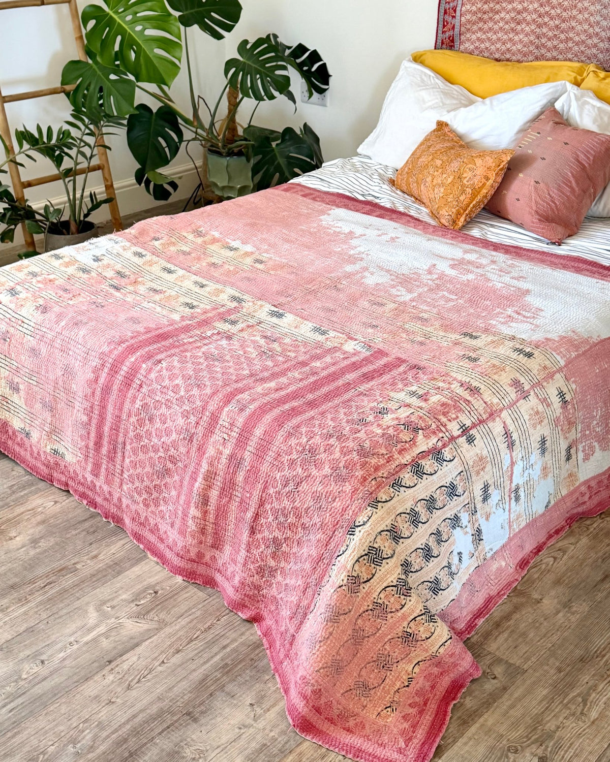 Large Textured Vintage Kantha Quilt in Peachy Pink and Yellow - Biggs & Hill