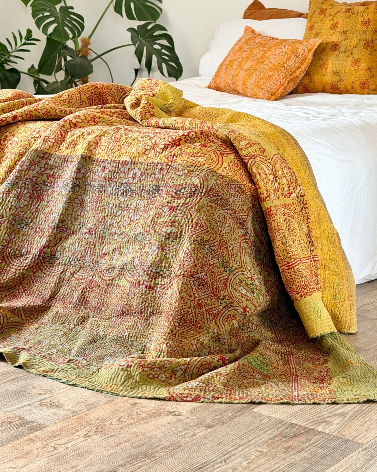Ajrakh Printed Vintage Kantha Quilt In Green-Gold - Biggs & Hill