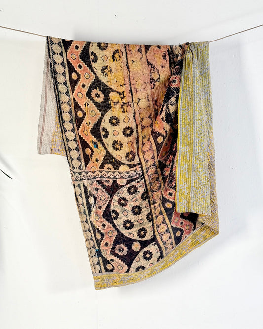 Large Textured Vintage Kantha Quilt In Geometric Peach and Black - Biggs & Hill