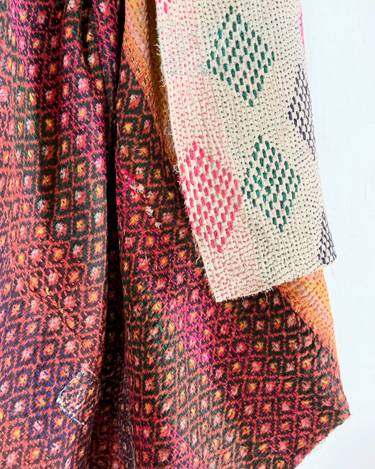 Embroidered Vintage Kantha Quilt in Pink and White - Biggs & Hill