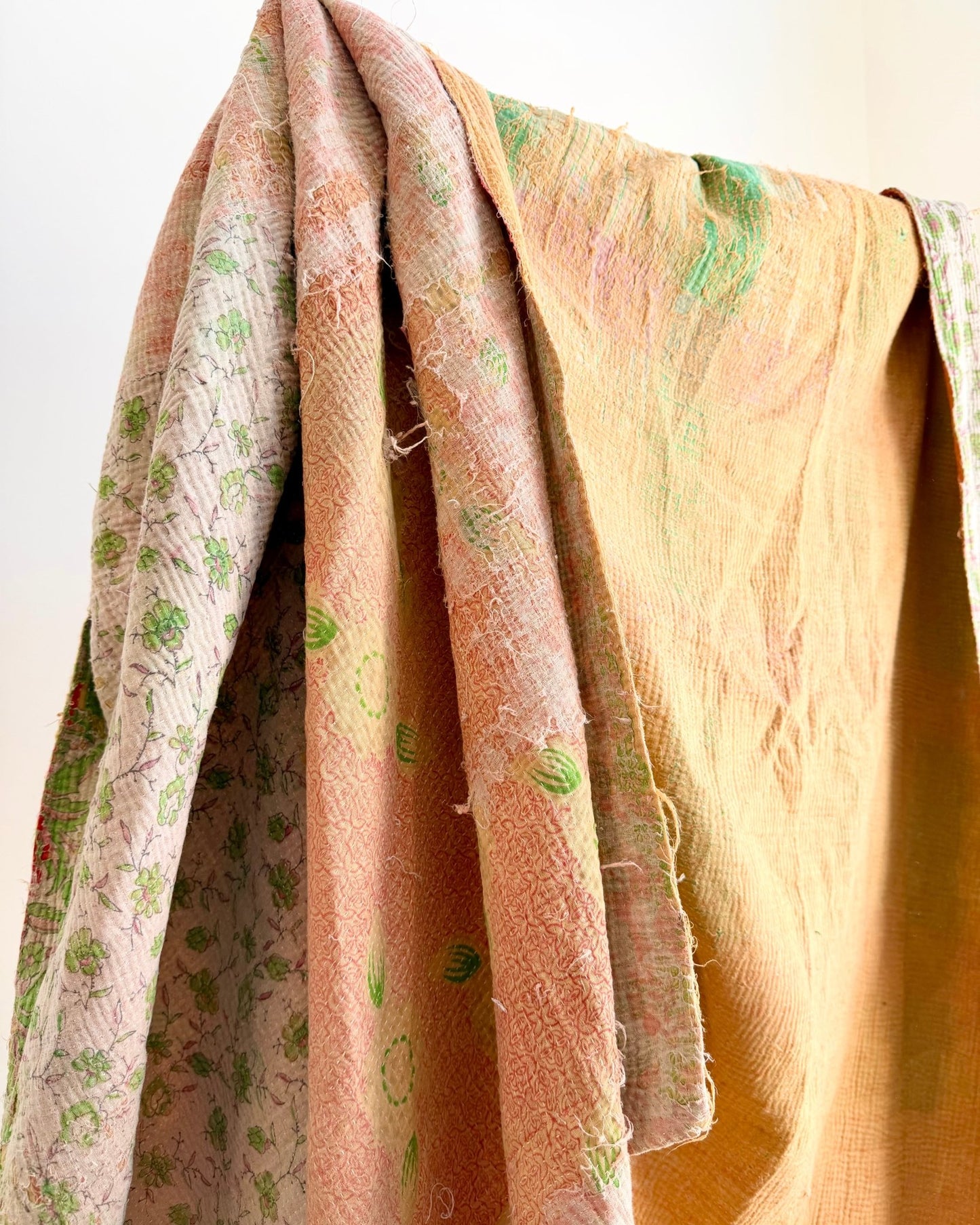Project Kantha Quilt: Soft Yellow and Pink With Authentic Aged Texture - Biggs & Hill