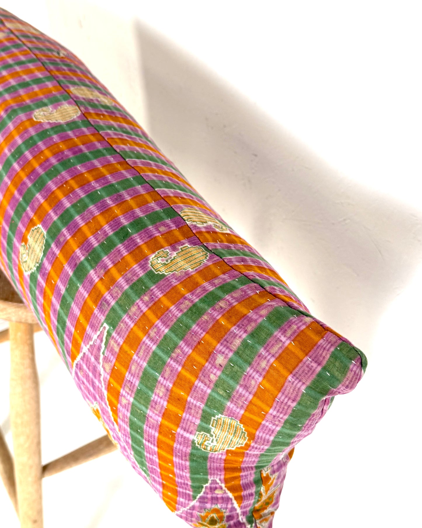 Vintage Kantha Bolster Cushion Cover In Green and Purple 30 x 100cm