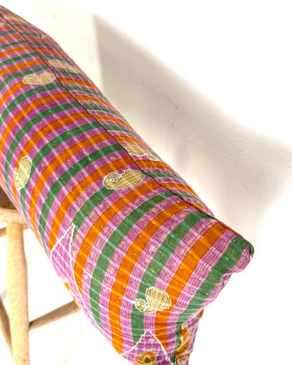 Vintage Kantha Bolster Cushion Cover In Green and Purple 30 x 100cm