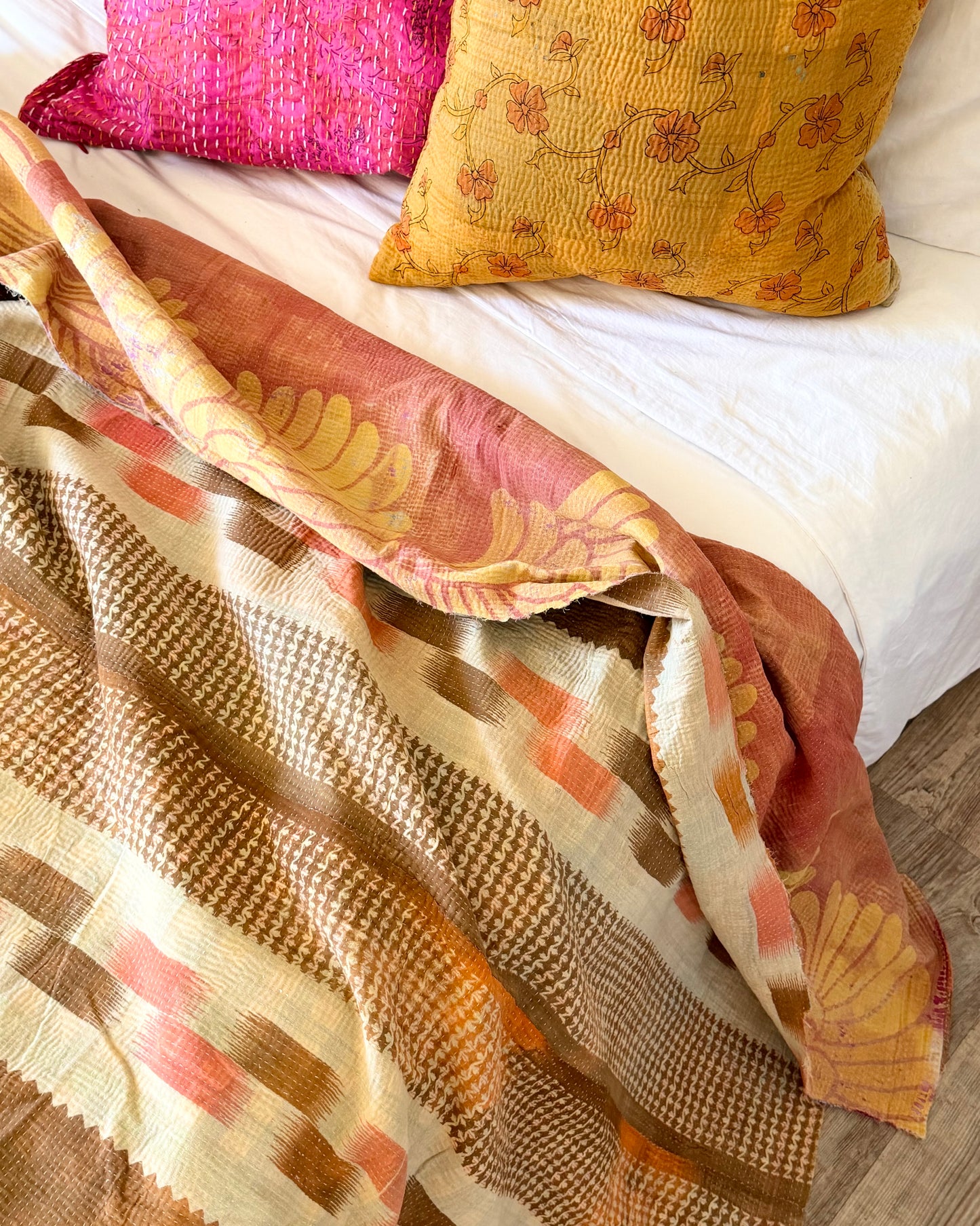 Large Fine Stitched Vintage Kantha Quilt in Peachy Pink Geometrics