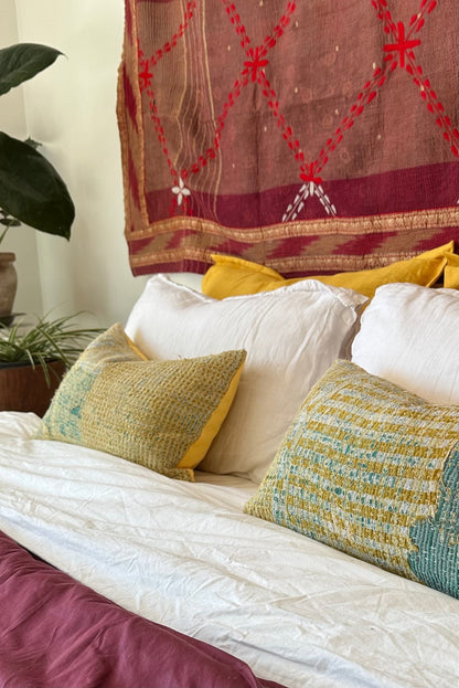 Vintage Kantha Cushion In Yellow 03 - Small Rectangular - Biggs & Hill