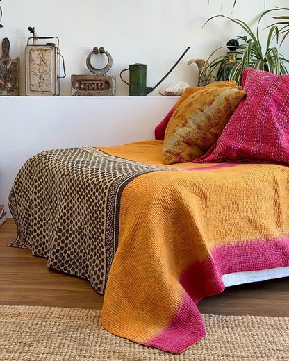 Fine Stitched Vintage Kantha Quilt in Vibrant Pink and Yellow with Dot Pattern - Biggs & Hill