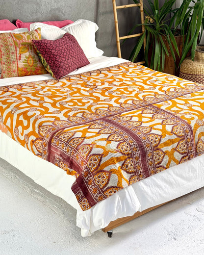 Fine Stitched Vintage Kantha Quilt with Geometric Orange Patterns - Biggs & Hill