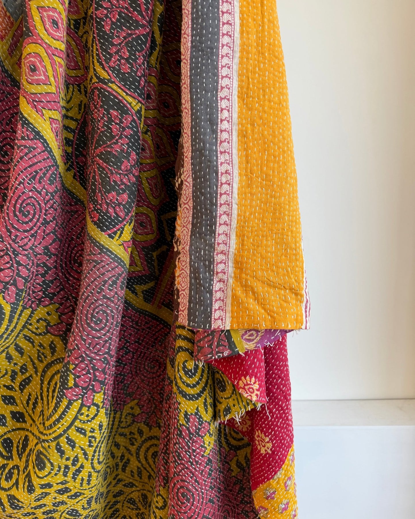 Super King Vintage Kantha Quilt in Green, Purple, Yellow and Red - Biggs & Hill