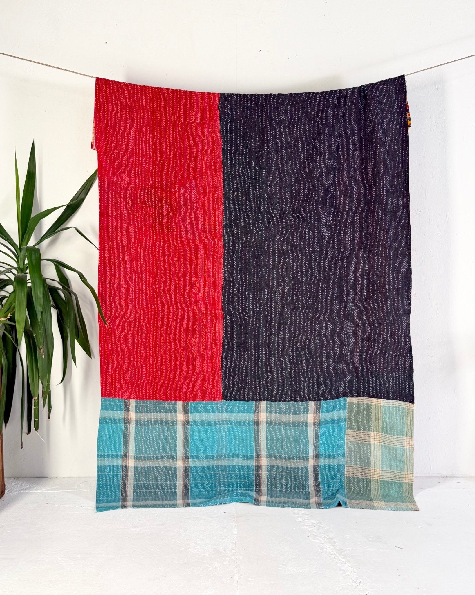 Large Fine Stitched Vintage Kantha Quilt in Pink, Turquoise and Yellow - Biggs & Hill