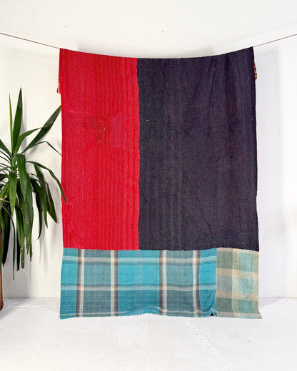 Large Fine Stitched Vintage Kantha Quilt in Pink, Turquoise and Yellow - Biggs & Hill