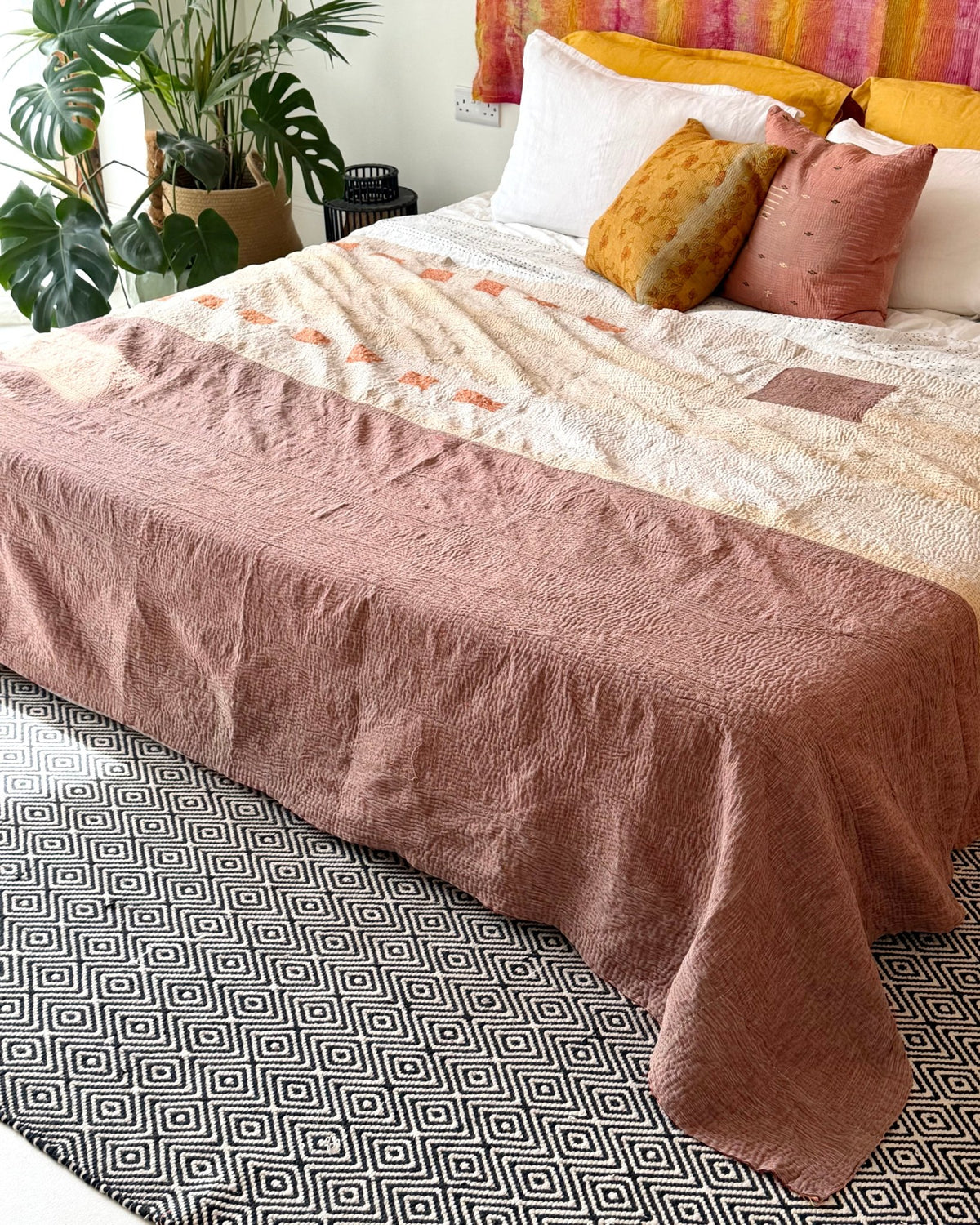 Extra Large Fine Stitched Vintage Kantha Quilt in Yellow and Pink Stripes - Biggs & Hill