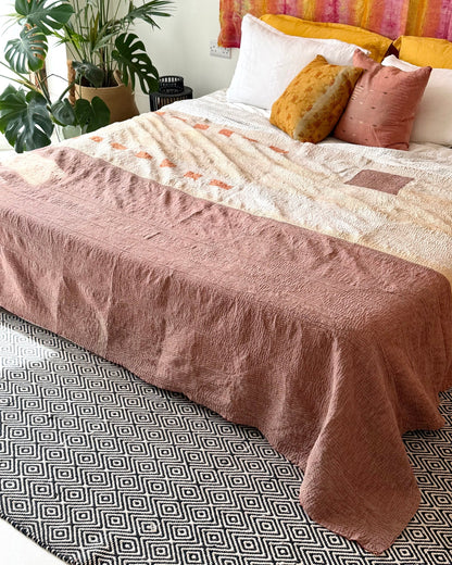 Extra Large Fine Stitched Vintage Kantha Quilt in Yellow and Pink Stripes - Biggs & Hill