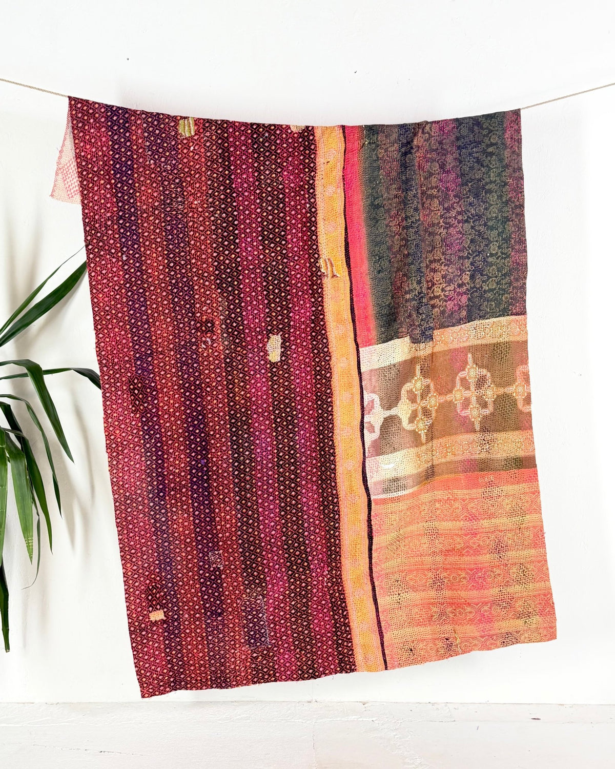 Embroidered Vintage Kantha Quilt in Pink and White - Biggs & Hill