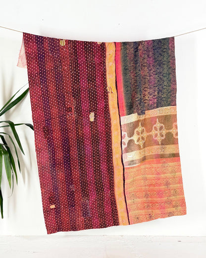 Embroidered Vintage Kantha Quilt in Pink and White - Biggs & Hill