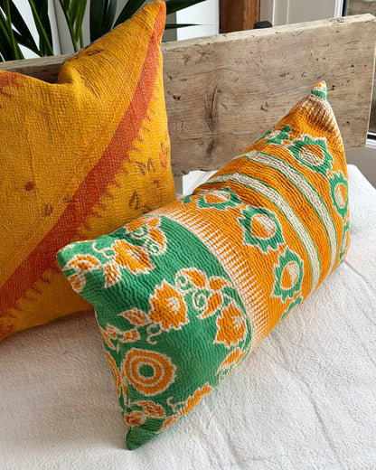 Vintage Kantha Cushion In Green and Orange - Small Rectangular
