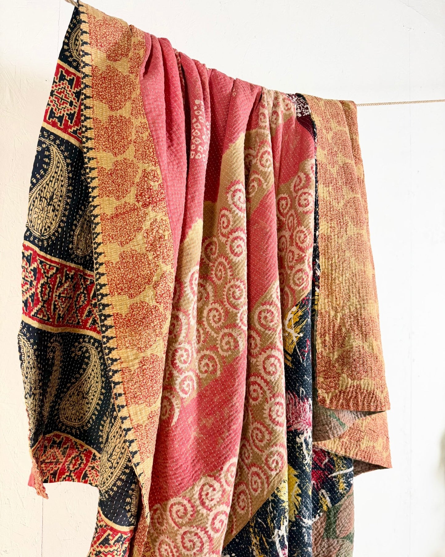 Large Fine Stitched Vintage Kantha Quilt in Pinks, Burgundy and Yelllows - Biggs & Hill
