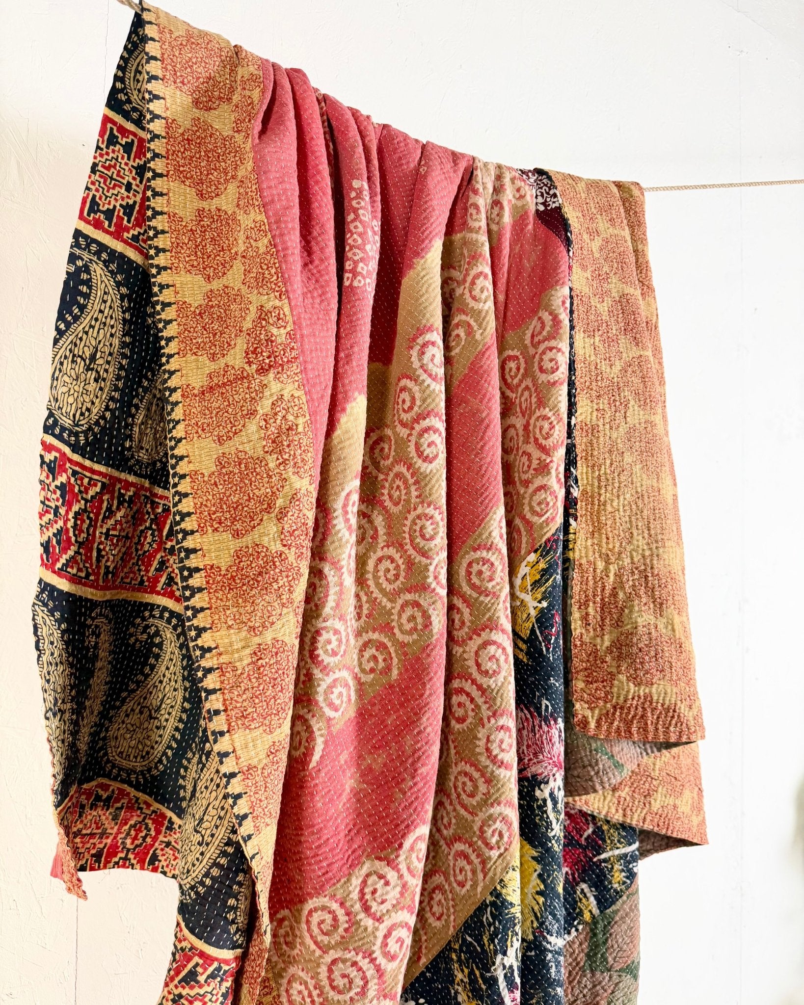 Large Fine Stitched Vintage Kantha Quilt in Pinks, Burgundy and Yelllows - Biggs & Hill