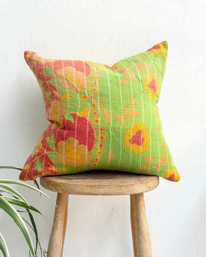 Handmade Reversible Vintage Kantha Cushion Cover In Green and Yellow - 45cm (18") - Biggs & Hill