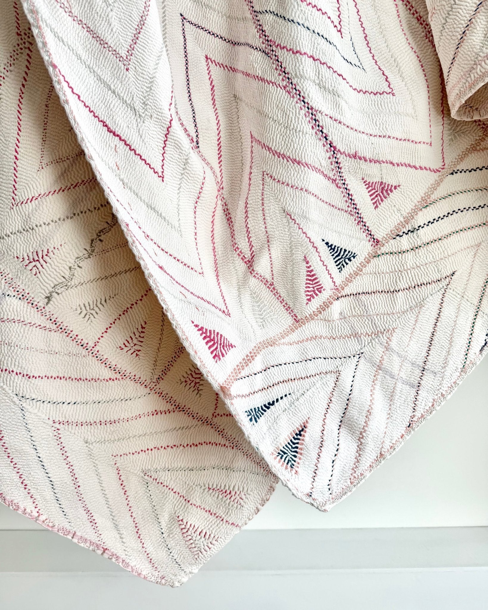 Large Antique Hand Embroidered White Nakshi Kantha From Bengal - Biggs & Hill