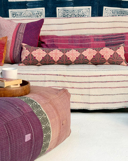 Vintage Kantha Bolster Cushion Cover With Galichi Kantha Stitching - 100cm