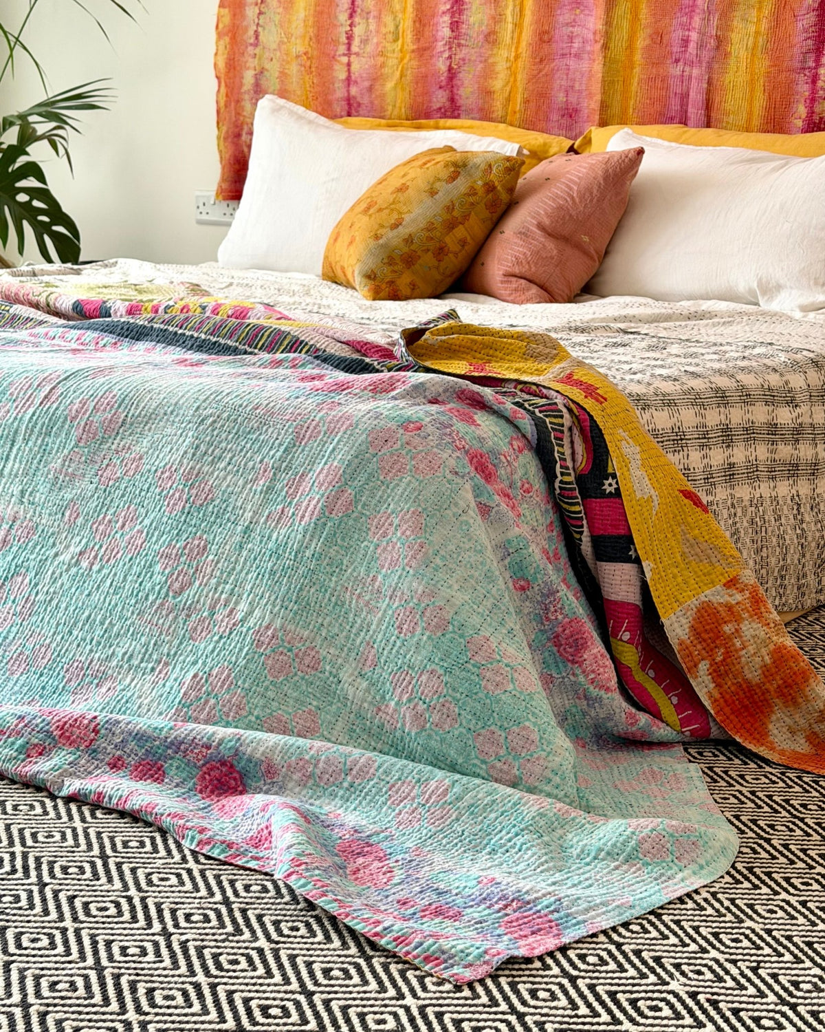 Extra Large Fine Stitched Vintage Kantha Quilt in Vibrant Multicolour Patterns - Biggs & Hill