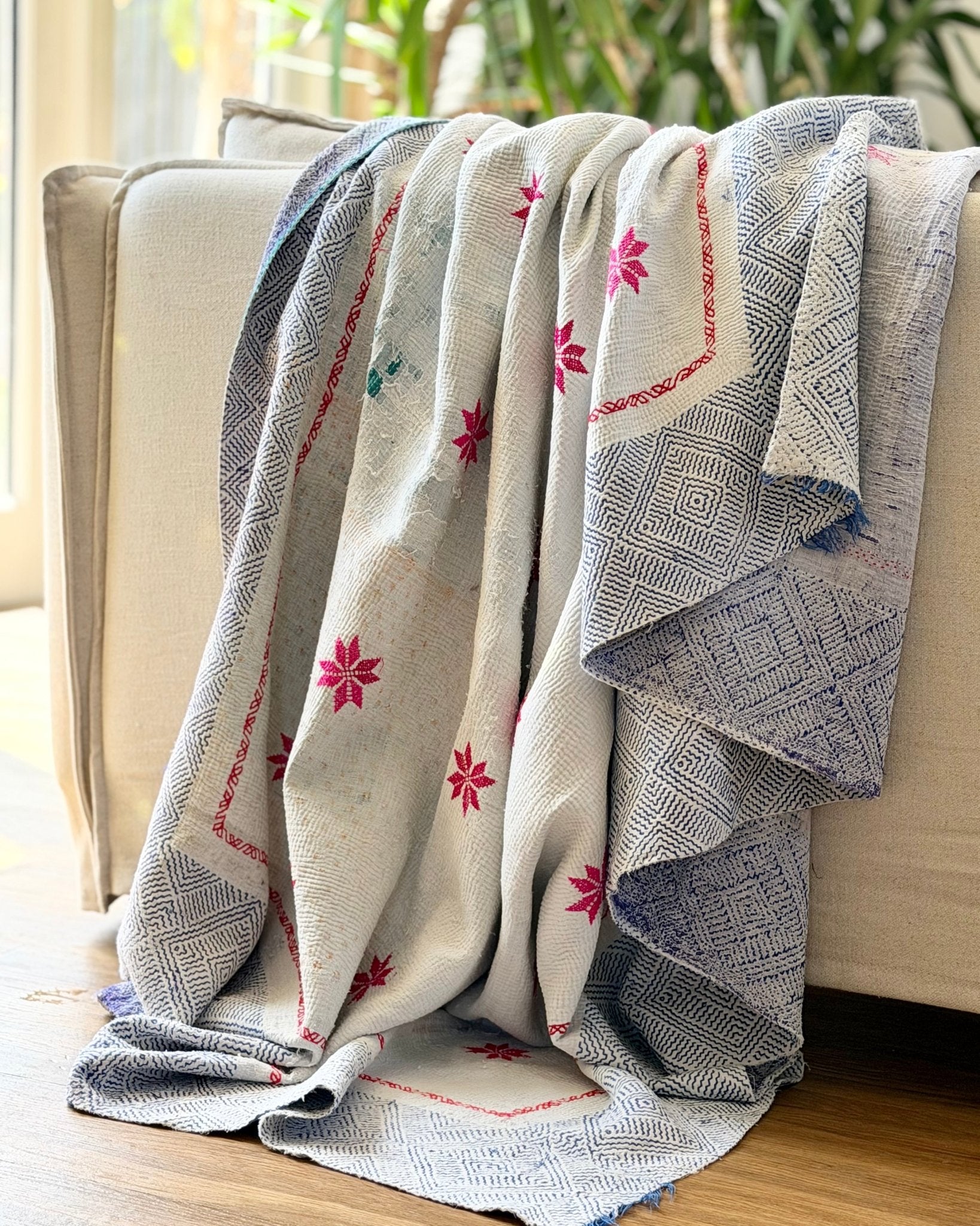 Star Embroidered Vintage Kantha Quilt in White and Pink - Biggs & Hill