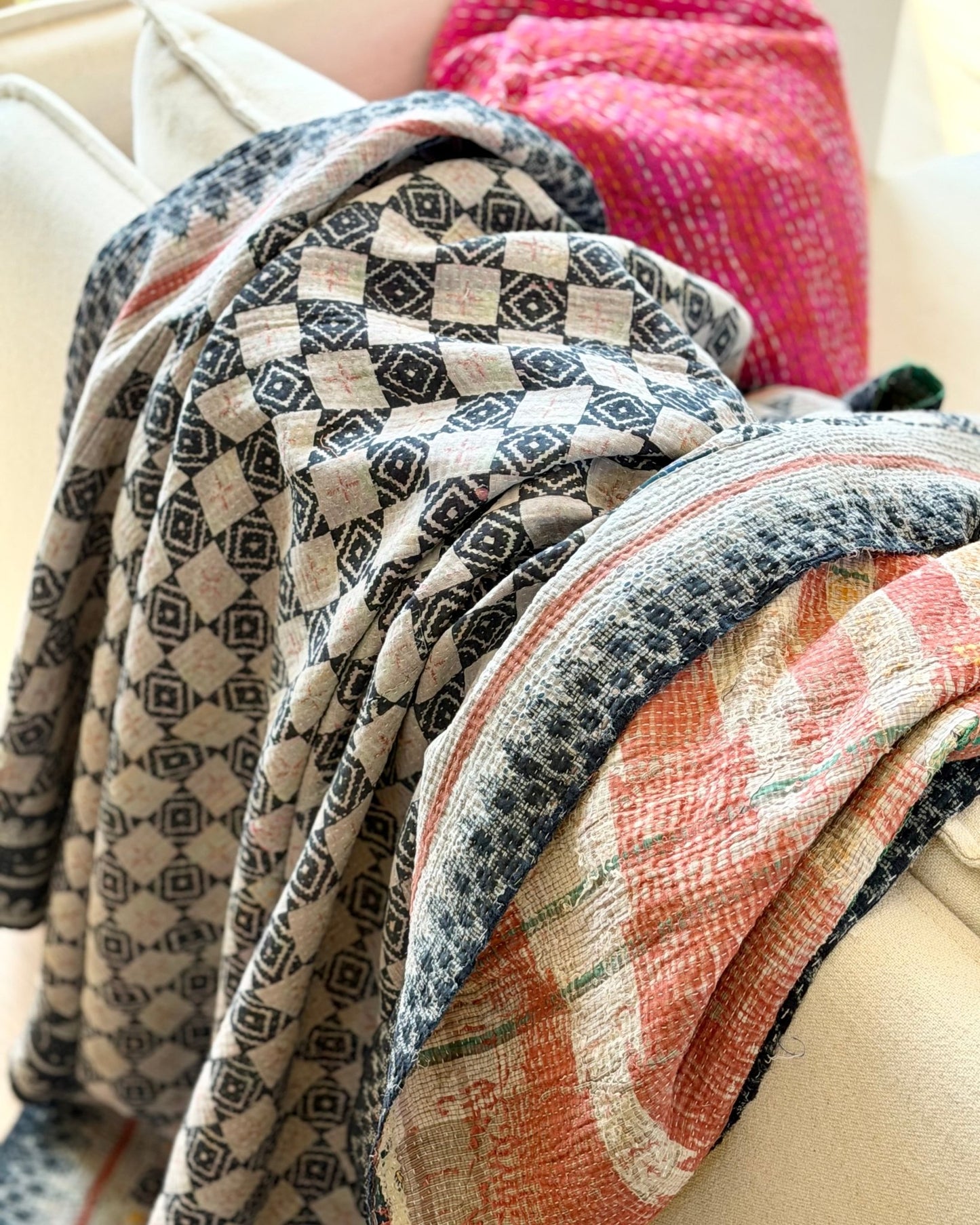 Extra Large Textured Vintage Kantha Quilt In Blue, Red and Green - Biggs & Hill