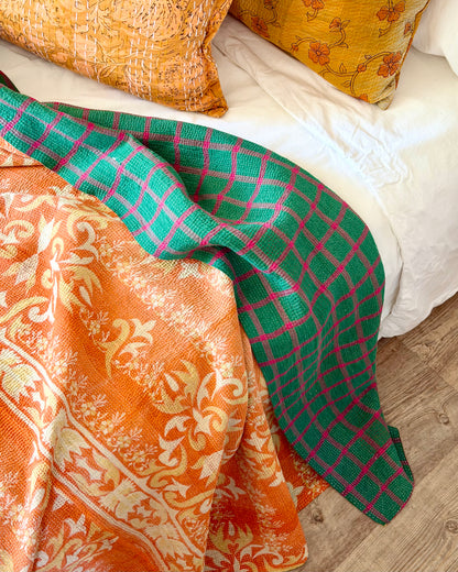 Large Fine Stitched Vintage Kantha Quilt in Orange and Green
