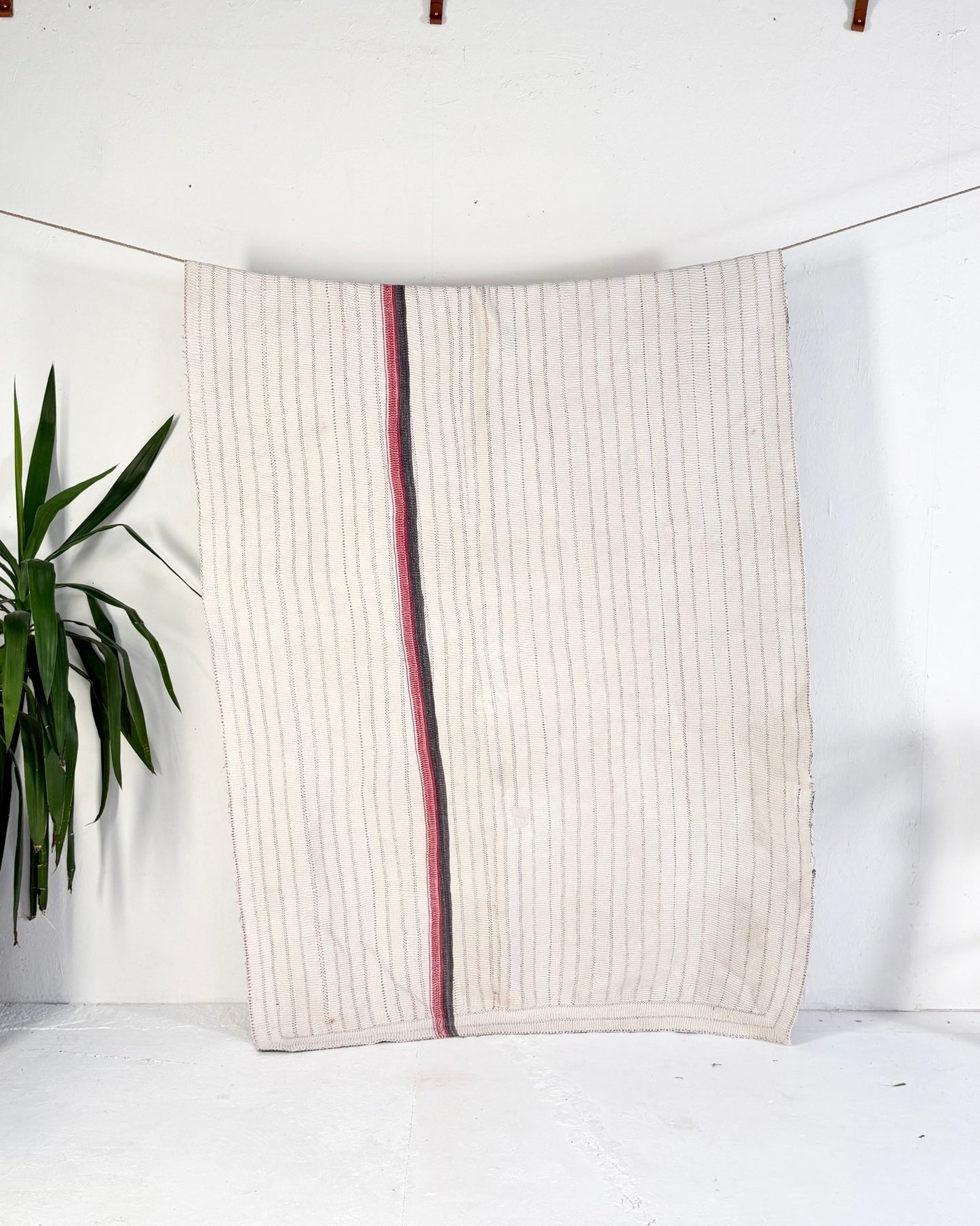 Large Heavy Fine Stitched Embroidered Vintage Kantha Quilt in White and Pink - Biggs & Hill