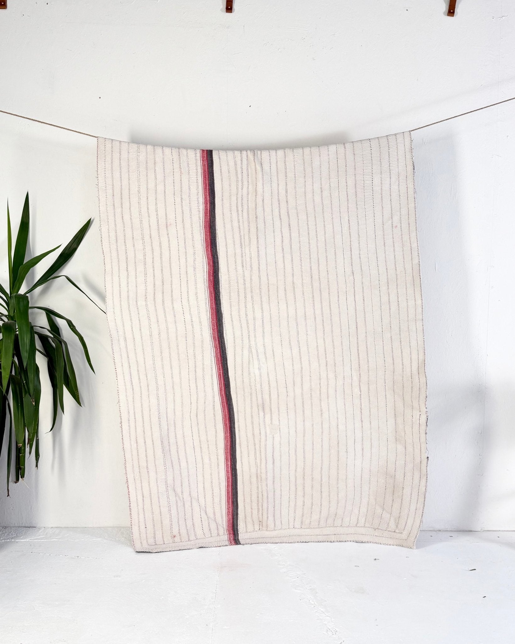 Large Heavy Fine Stitched Embroidered Vintage Kantha Quilt in White and Pink - Biggs & Hill