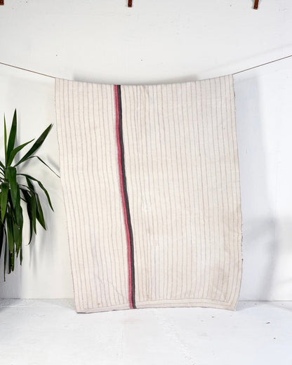 Large Heavy Fine Stitched Embroidered Vintage Kantha Quilt in White and Pink - Biggs & Hill