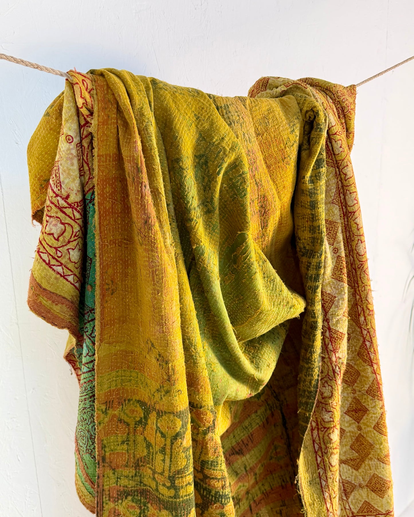 Extra Large Ajrakh Printed Vintage Kantha Quilt In Green-Gold