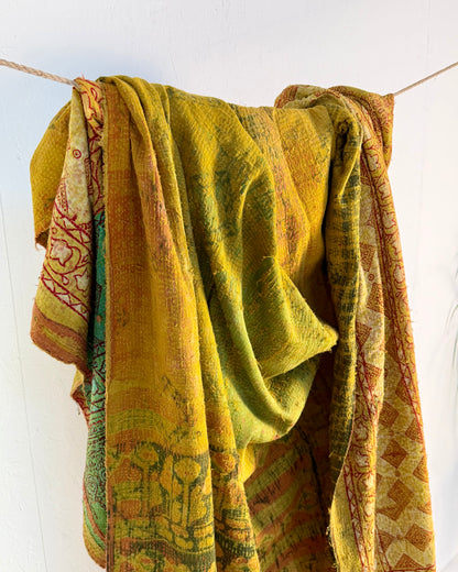 Extra Large Ajrakh Printed Vintage Kantha Quilt In Green-Gold